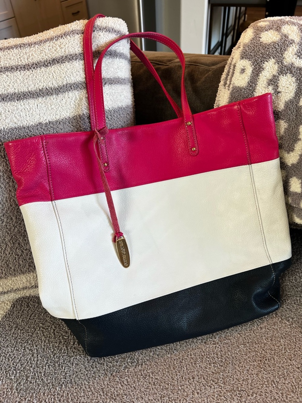 Cynthia Rowley Leather Tote Bag Colorblock Pink White Navy Large EUC Carryall